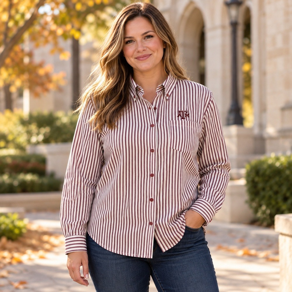 Collegiate Outfitters Texas A&M Womens L Striped Button Down Shirt Maroon White